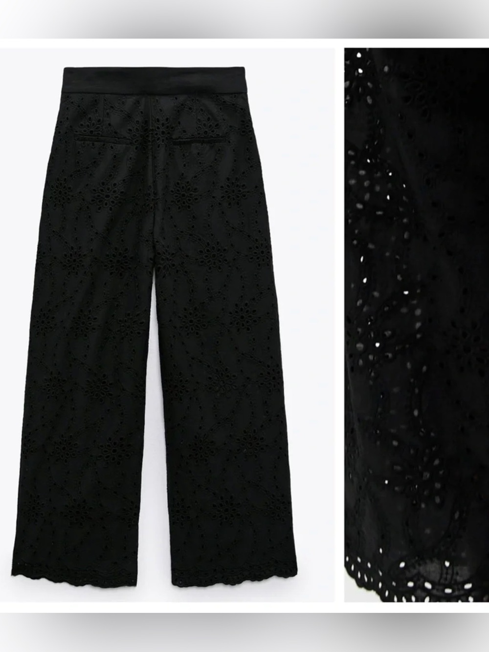 Zara Black Openwork Embroidery Eyelet‎ Cropped Trousers Size L NWT - Picture 3 of 16